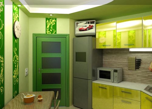 Зеленая дверь с салатовыми стенами 