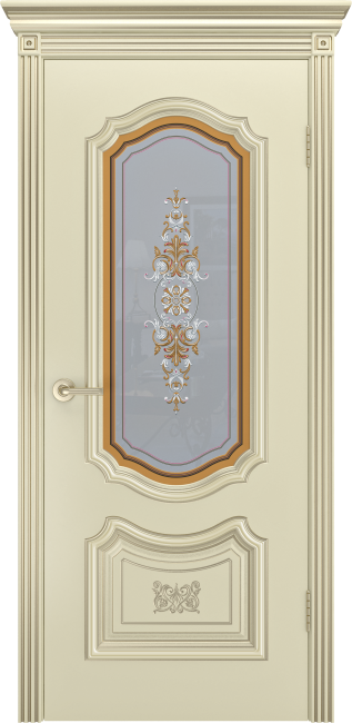 Фото -   Межкомнатная дверь "Соло R-0 В3", по, шампань с патиной белое золото   | фото в интерьере